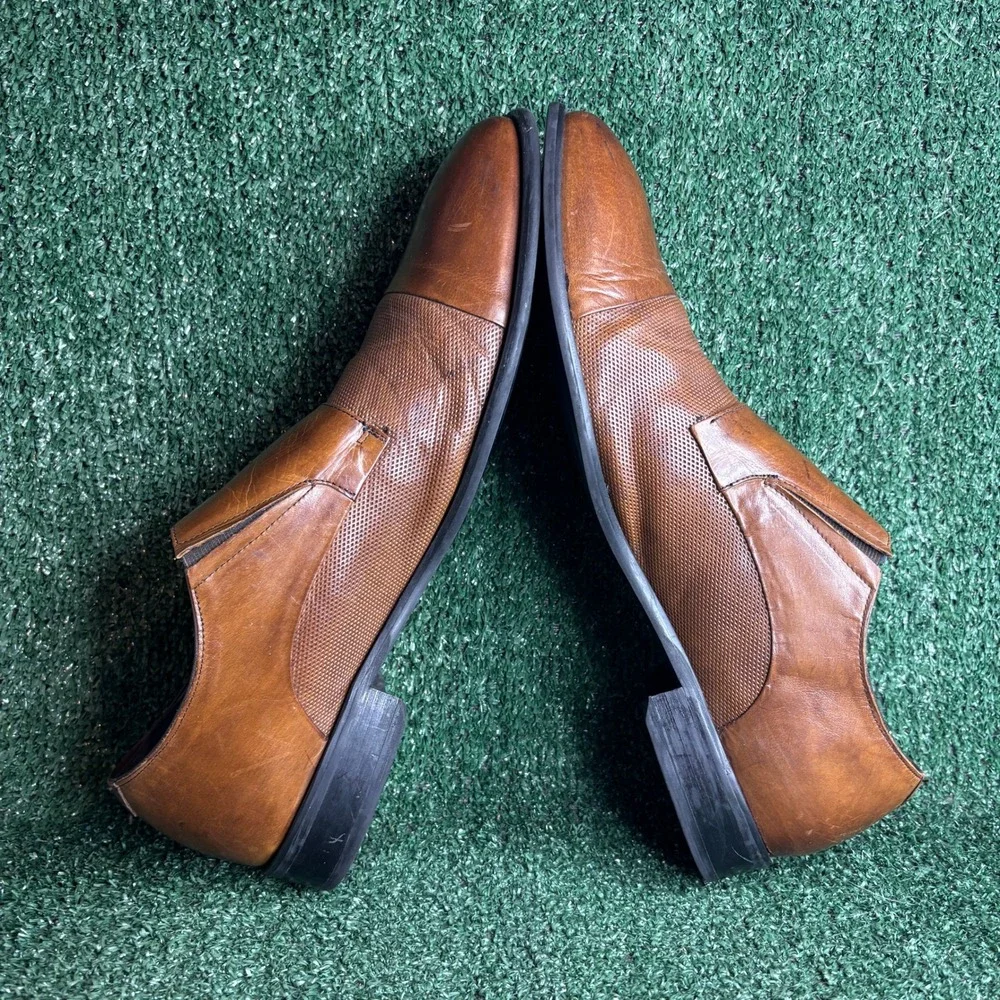 Stacy Adams Leather Textured Cap Toe Double Monk Strap Shoes Brown Mens Size 14M